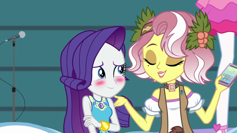 Size: 1920x1080 | Tagged: safe, derpibooru import, screencap, pinkie pie, rarity, vignette valencia, equestria girls, equestria girls series, rollercoaster of friendship, blushing, geode of shielding, magical geodes