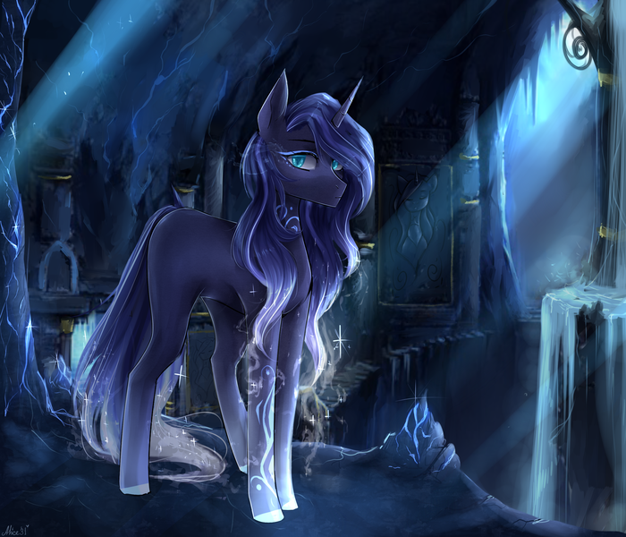 Size: 3500x3000 | Tagged: safe, artist:alicesmitt31, derpibooru import, oc, oc:mystic shadow, unofficial characters only, pony, unicorn, ancient ruins, blank flank, carving, commission, crepuscular rays, female, frown, horn, looking at you, magic, magic aura, mare, mural, ruins, solo, symbol, water, waterfall