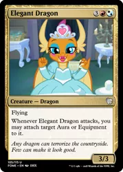 Size: 375x523 | Tagged: ccg, clothes, cup, derpibooru import, dragon, dragoness, dress, edit, edited screencap, eyeshadow, female, jewelry, lipstick, magic the gathering, makeup, princess outfit, princess smolder, safe, screencap, smolder, teacup, tiara, trading card, trading card edit, what lies beneath