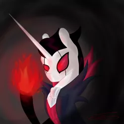Size: 4000x4000 | Tagged: safe, artist:crystal-heart-with-isaak-astor, artist:crystalcontemplator, derpibooru import, oc, pony, unicorn, black hair, clothes, cosplay, costume, crossover, fire, fuse, grimm, grimm troupe, hollow knight, horn, long horn, red eyes, red fire, sable prime, troupe master grimm