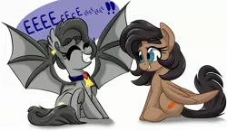 Size: 3100x1800 | Tagged: safe, artist:jen-neigh, derpibooru import, oc, oc:crescent, oc:quillwright, unofficial characters only, bat pony, pegasus, pony, bat pony oc, bat wings, collar, cute, ear piercing, earring, eeee, eyes closed, female, grin, happy, jewelry, mare, ocbetes, piercing, simple background, sitting, smiling, speech bubble, spread wings, squee, underhoof, white background, wings