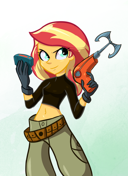 Size: 728x1000 | Tagged: safe, artist:lordfunkyfist, derpibooru import, sunset shimmer, equestria girls, clothes, cosplay, costume, crossover, female, grappling hook, kim possible, smiling, solo