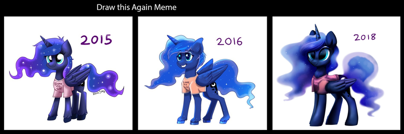 Size: 1893x631 | Tagged: safe, artist:confetticakez, derpibooru import, princess luna, alicorn, blame my sister, clothes, comparison, drawing meme, draw this again, folded wings, redraw, solo, wings