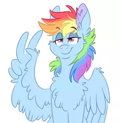 Size: 768x790 | Tagged: safe, artist:wanderingpegasus, derpibooru import, rainbow dash, pegasus, pony, chest fluff, feather fingers, female, lidded eyes, looking at you, mare, simple background, solo, white background, wing hands, wings