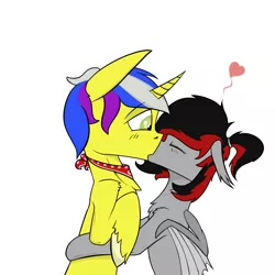 Size: 1200x1200 | Tagged: safe, artist:bitrate16, derpibooru import, oc, oc:solarmod, oc:viri, bat pony, pony, unicorn, commission, hug, kissing, shipping, ych result