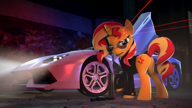 Size: 3840x2160 | Tagged: safe, artist:psfmer, derpibooru import, sunset shimmer, pony, 3d, aviator glasses, briefcase, butt, car, clothes, desert eagle, hypercar, implied police officer, lamborghini aventador, laser, laser beams, looking back, plot, solo, source filmmaker, suit, supercar