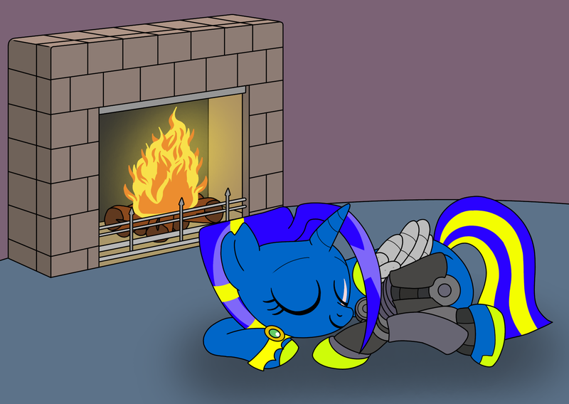 Size: 1550x1100 | Tagged: safe, artist:linedraweer, derpibooru import, oc, oc:shay, unofficial characters only, alicorn, android, pony, robot, robot pony, alicorn oc, amputee, artificial wings, augmented, commission, curling, female, fire, fireplace, horn, mechanical wing, metal wing, prosthetic leg, prosthetic limb, prosthetic wing, prosthetics, scar, sleeping, solo, sports, wings