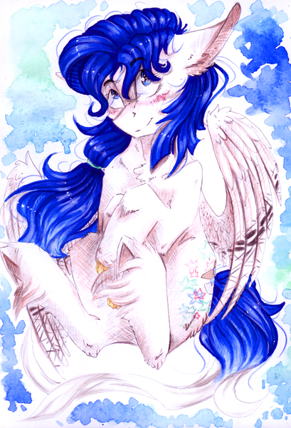 Size: 1675x2456 | Tagged: safe, artist:scootiegp, derpibooru import, oc, unofficial characters only, pegasus, pony, blushing, female, mare, traditional art, watercolor painting