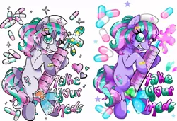 Size: 1167x800 | Tagged: alternate version, artist:imaranx, bandage, bandaid, derpibooru import, digital art, goo, hat, menhera, nurse hat, nurse outfit, oc, oc:toxicpills, pills, safe, solo, syringe, traditional art