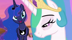 Size: 1024x576 | Tagged: a royal problem, bags under eyes, cropped, derpibooru import, duo, female, mare, princess celestia, princess luna, royal sisters, safe, screencap, smiling, sunrise, tired