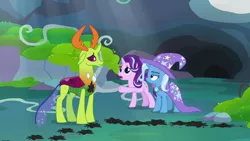 Size: 1280x720 | Tagged: safe, derpibooru import, screencap, starlight glimmer, thorax, trixie, changedling, changeling, pony, unicorn, to change a changeling, cape, cave, changeling king, clothes, female, hat, hoofprints, ink, king thorax, male, mare, trio, trixie's cape, trixie's hat