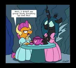 Size: 1945x1743 | Tagged: artist:bobthedalek, cave, changeling, changeling queen, clothes, cup, derpibooru import, dialogue, disguise, disguised changeling, dragon, dress, female, ocellus, princess smolder, queen chrysalis, safe, smolder, smolder is not amused, speech, table, talking, teacup, tea party, teapot, unamused, what lies beneath