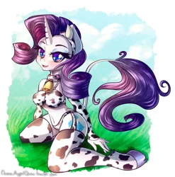 Size: 2000x2021 | Tagged: suggestive, artist:chaosangeldesu, derpibooru import, rarity, anthro, classical unicorn, cow, unguligrade anthro, unicorn, bell, blushing, bra, breasts, clothes, cloven hooves, commission, cowbell, cowprint, fake horns, female, garters, kneeling, leonine tail, looking at you, mare, panties, raricow, smiling, socks, solo, species swap, stockings, thigh highs, underwear, unshorn fetlocks