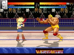 Size: 640x480 | Tagged: safe, derpibooru import, applejack, equestria girls, crossover, hulk hogan, mugen, wrestlemania, wrestling ring, wwe