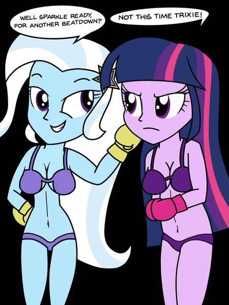 Size: 1200x1600 | Tagged: suggestive, artist:toyminator900, derpibooru import, trixie, twilight sparkle, equestria girls, belly button, bikini, boxing gloves, breasts, cleavage, clothes, female, purple swimsuit, swimsuit