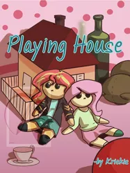 Size: 500x670 | Tagged: artist:pasu-chan, commission, derpibooru import, doll, dollhouse, fanfic, fanfic art, fanfic cover, fanfic:playing house, female, fluttershy, lesbian, ragdoll, safe, series:who we become, shipping, sunset shimmer, sunshyne, teddy bear, toy, wine bottle