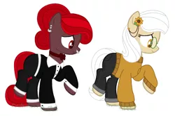 Size: 1564x1044 | Tagged: safe, artist:crybabyadopts, derpibooru import, oc, oc:evening tulip, oc:morning sunflower, unofficial characters only, earth pony, pony, bowtie, clothes, duo, ear piercing, earring, female, flower, glasses, jeans, jewelry, mare, nose piercing, nose ring, pants, piercing, raised hoof, siblings, simple background, sisters, suit, sweater, white background