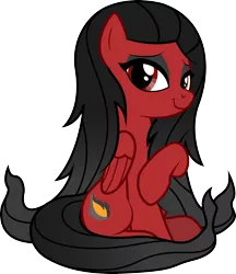 Size: 2507x2905 | Tagged: safe, artist:lightning stripe, derpibooru import, oc, oc:smoky shadows, unofficial characters only, pegasus, pony, black mane, cutie mark, eyelashes, eyeliner, female, lidded eyes, long hair, long mane, long tail, makeup, mare, red, red coat, red eyes, show accurate, simple background, sitting, smiling, solo, transparent background, wings