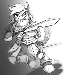 Size: 1378x1606 | Tagged: safe, artist:fixablom, derpibooru import, pony, armor, bipedal, black and white, grayscale, hoof hold, monochrome, simple background, smiling, solo, sword, teeth, weapon, white background