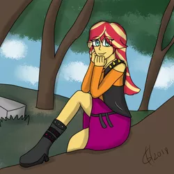 Size: 1024x1024 | Tagged: safe, artist:goldhajik, derpibooru import, sunset shimmer, equestria girls, equestria girls series, boot, cute, looking at you, shimmerbetes, solo, tree