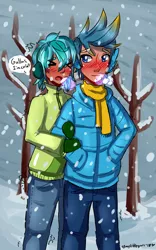 Size: 2625x4200 | Tagged: artist:mylittleyuri, clothes, coat, cute, derpibooru import, digital art, earmuffs, gallbar, gallus, gay, human, humanized, male, safe, sandbar, scarf, shipping, snow, snowfall, winter