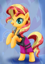 Size: 2160x3037 | Tagged: safe, artist:lifesharbinger, derpibooru import, sunset shimmer, pony, unicorn, equestria girls, equestria girls series, clothes, cute, equestria girls outfit, female, geode of empathy, jacket, leather, leather jacket, magical geodes, mare, one eye closed, rearing, shimmerbetes, skirt, solo, sunset shimmer day, wink, zoom layer