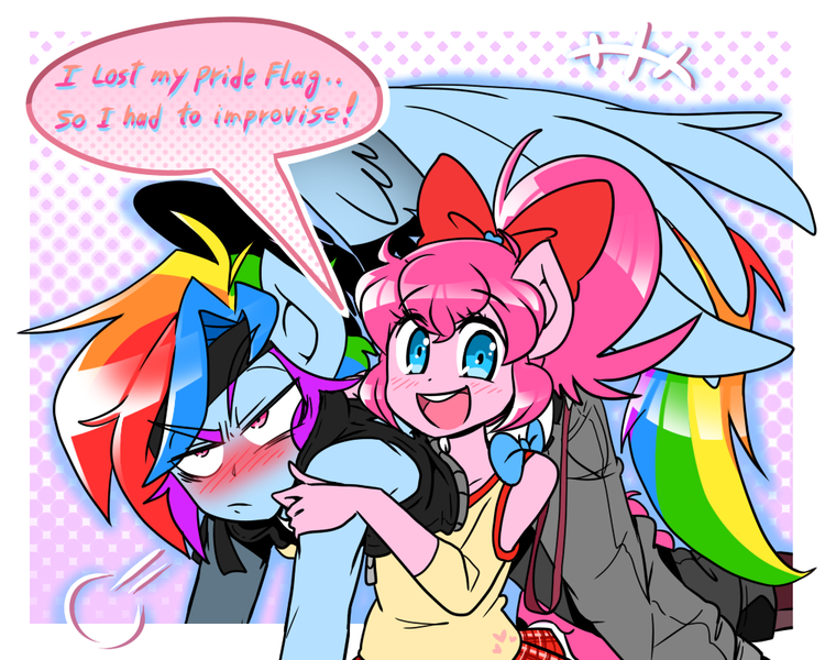 Size: 1000x800 | Tagged: anthro, artist:thegreatrouge, bow, clothes, cute, derpibooru import, dialogue, diapinkes, holding, implied lesbian, improvisation, open mouth, pinkie pie, ponytail, pride, pride flag, rainbow dash, safe, skirt, speech bubble, unamused, vest