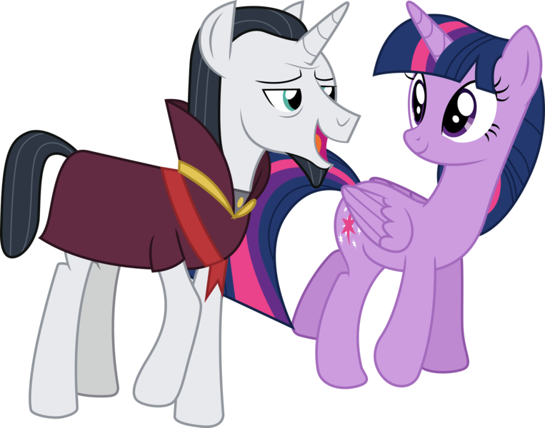 Size: 11033x8674 | Tagged: safe, artist:illumnious, derpibooru import, chancellor neighsay, twilight sparkle, twilight sparkle (alicorn), alicorn, pony, unicorn, school raze, absurd resolution, clothes, female, male, neighsparkle, open mouth, shipping, simple background, smiling, straight, transparent background, vector, walking
