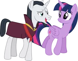 Size: 11033x8674 | Tagged: safe, artist:illumnious, derpibooru import, chancellor neighsay, twilight sparkle, twilight sparkle (alicorn), alicorn, pony, unicorn, school raze, absurd resolution, clothes, female, male, neighsparkle, open mouth, shipping, simple background, smiling, straight, transparent background, vector, walking