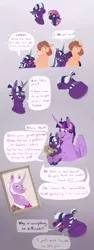 Size: 2988x7925 | Tagged: safe, artist:vindhov, derpibooru import, twilight sparkle, twilight sparkle (alicorn), oc, oc:inkwell, oc:noctis, oc:orion, oc:perfectly peachy pie, alicorn, earth pony, pony, beard, card trick, colt, curved horn, dialogue, drunk, facial hair, fake horn, female, foal, gradient background, horn, interspecies offspring, male, mare, mother and child, mother and son, multiple eyes, offspring, parent:flash sentry, parent:pinkie pie, parent:princess luna, parent:spike, parent:troubleshoes clyde, parent:twilight sparkle, parents:flashlight, parents:spiluna, parents:trouble pie, snip (coat marking), speech bubble, stallion, star (coat marking), teddy bear, three eyes, tongue out