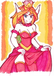 Size: 2488x3504 | Tagged: artist:dragonemperror2810, big breasts, bowser, bowsette, breasts, busty sunset shimmer, cleavage, clothes, cosplay, costume, crossover, derpibooru import, dress, female, horns, human, humanized, new super mario bros. u deluxe, nintendo, nintendo direct, safe, skirt, skirt lift, smiling, socks, solo, stockings, sunset shimmer, super crown, super mario bros., thigh highs, toadette, traditional art