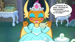 Size: 1280x720 | Tagged: cave, claws, clothes, cup, cute, derpibooru import, dragon, dragoness, dragon wings, dress, edit, edited screencap, eyes closed, fangs, female, horns, i feel pretty, jewelry, leonard bernstein, lyrics, makeup, music notes, princess smolder, safe, screencap, season 8, singing, smolder, smolderbetes, solo, song reference, speech bubble, spoiler:s08, table, teacup, tea party, teeth, text, tiara, west side story, what lies beneath, wings