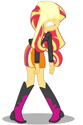 Size: 3000x4530 | Tagged: safe, artist:remcmaximus, derpibooru import, sunset shimmer, equestria girls, abuse, atomic wedgie, boots, clothes, female, gritted teeth, high heel boots, humiliation, jacket, leather, leather jacket, mugen, panties, shimmerbuse, shoes, simple background, skirt, solo, sunset shimmer day, transparent background, underwear, wedgie, yellow underwear