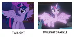 Size: 1364x700 | Tagged: safe, derpibooru import, edit, edited screencap, screencap, twilight sparkle, twilight sparkle (alicorn), alicorn, pony, magical mystery cure, what lies beneath, bad pun, cropped, female, mare, pun, sparkles, spread wings, treelight sparkle, wings