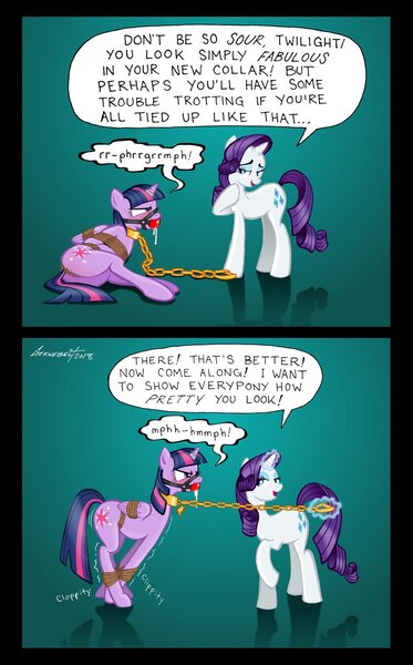 Size: 1024x1649 | Tagged: 2 panel comic, alicorn, arm behind back, artist:geknebelt, ballgag, blushing, bondage, bound wings, bridle, chains, collar, comic, commission, crotch rope, derpibooru import, dialogue, domination, drool, drool string, duo, duo female, female, females only, femdom, femsub, gag, glowing horn, green background, hobbled, hooves together, horn, horn ring, humiliation, leash, magic, magic suppression, muffled words, one sided shipping, public humiliation, questionable, raridom, rarity, ring, rope, rope bondage, scowl, shadow, show accurate, show accurate porn, side, simple background, submission, submissive, tack, telekinesis, twilight sparkle, twilight sparkle (alicorn), unwilling, wings