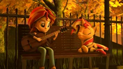 Size: 1920x1080 | Tagged: safe, artist:aeridiccore, artist:jarg1994, artist:stefano96, derpibooru import, sunset shimmer, pony, equestria girls, 3d, acoustic guitar, bench, clothes, crossed hooves, duality, eyes closed, fence, guitar, human ponidox, jacket, leather jacket, listening, musical instrument, open mouth, prone, self paradox, self ponidox, singing, source filmmaker, sunset shimmer day, tree