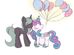 Size: 1600x1200 | Tagged: safe, artist:rubyg242, derpibooru import, princess flurry heart, oc, oc:shimmering glow, alicorn, pony, unicorn, adult, balloon, blushing, canon x oc, couple, eyes closed, female, flurryglow, glowing horn, horn, husband and wife, kissing, magic, male, married couple, multiple pregnancy, offspring, offspring shipping, older, older flurry heart, parent:king sombra, parent:radiant hope, parents:hopebra, pregnant, shipping, simple background, straight, transparent background