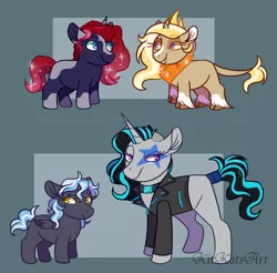 Size: 800x788 | Tagged: safe, artist:kitkatsart, derpibooru import, oc, oc:dawn shine, oc:misty cloud, oc:neon rhythm, oc:solar flare, unofficial characters only, classical unicorn, hybrid, pegasus, pony, unicorn, abstract background, bucktooth, choker, clothes, cloven hooves, coat markings, colored sclera, ethereal mane, face paint, female, filly, interspecies offspring, jacket, leonine tail, magical lesbian spawn, mare, next generation, offspring, parent:cloudchaser, parent:discord, parent:octavia melody, parent:princess celestia, parent:princess luna, parent:sunburst, parent:thunderlane, parent:vinyl scratch, parents:dislestia, parents:lunaburst, parents:scratchtavia, parents:thunderchaser, socks (coat marking), starry mane, unshorn fetlocks