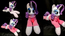 Size: 2000x1100 | Tagged: safe, artist:burgunzik, derpibooru import, rarity, pony, unicorn, clothes, female, hoodie, irl, mare, photo, plushie, prone, socks, solo, striped socks, sweater