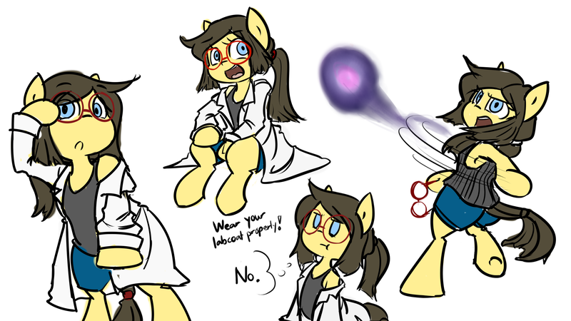 Size: 2732x1536 | Tagged: safe, artist:spheedc, derpibooru import, oc, oc:sphee, earth pony, semi-anthro, armpits, bipedal, clothes, digital art, energy blast, female, glasses, lab coat, mare, ponytail, pouting, shoulder, simple background, solo, speech bubble, white background