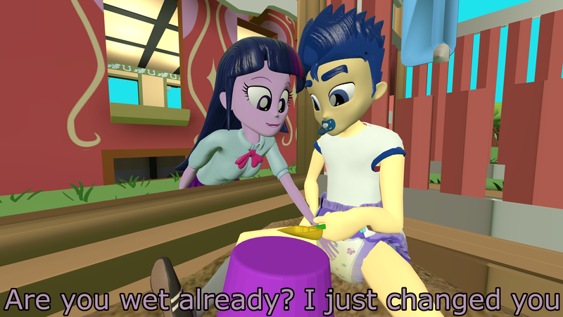 Size: 3840x2160 | Tagged: suggestive, artist:mrdoctorderpy, derpibooru import, flash sentry, twilight sparkle, equestria girls, 3d, 4k, abdl, diaper, diaper fetish, fetish, pacifier, sandbox, source filmmaker, wet diaper