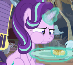 Size: 723x648 | Tagged: safe, derpibooru import, screencap, starlight glimmer, trixie, pony, unicorn, road to friendship, animated, chubby cheeks, cropped, eating, female, food, glowing horn, grumpy, haycakes, horn, magic, mare, pancakes, solo focus, telekinesis