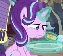 Size: 723x648 | Tagged: safe, derpibooru import, screencap, starlight glimmer, trixie, pony, unicorn, road to friendship, animated, cropped, eating, female, food, glowing horn, grumpy, haycakes, horn, magic, mare, pancakes, solo focus, telekinesis