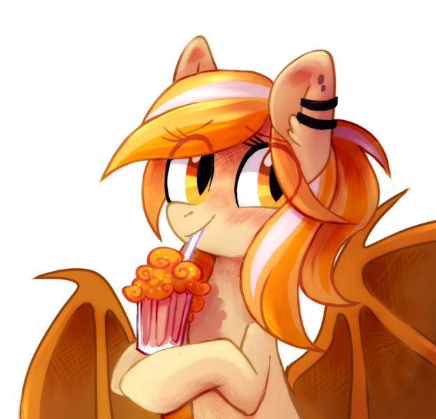 Size: 1897x1825 | Tagged: safe, artist:mirtash, derpibooru import, oc, oc:mango milkshake, unofficial characters only, bat pony, pony, bat pony oc, bat wings, commission, female, mare, milkshake, rcf community, simple background, solo, white background, wings, ych result