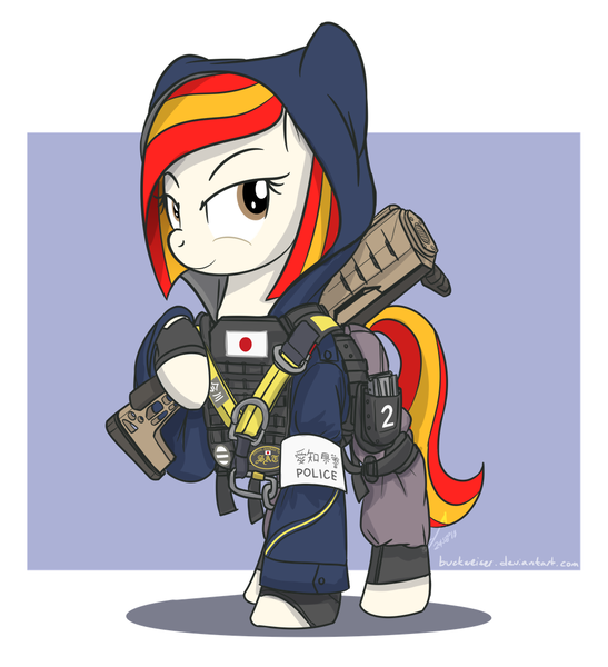 Size: 984x1080 | Tagged: artist:buckweiser, climbing harness, clothes, derpibooru import, female, hibana, hoodie, japan, japan ponycon, mare, oc, oc:poniko, operator, pose, rainbow six siege, safe, solo, special assault team, weapon