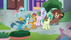 Size: 1280x720 | Tagged: safe, derpibooru import, screencap, gallus, ocellus, sandbar, silverstream, smolder, yona, changedling, changeling, classical hippogriff, dragon, earth pony, gryphon, hippogriff, pony, yak, what lies beneath, bow, cloven hooves, dragoness, female, flying, hair bow, jewelry, male, monkey swings, necklace, student six, teenager