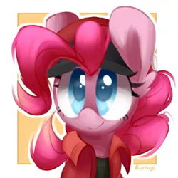 Size: 1500x1500 | Tagged: safe, artist:fluorbaryt, derpibooru import, pinkie pie, pony, bust, cap, cells at work, clothes, colored pupils, cosplay, costume, cute, diapinkes, hat, jacket, portrait, red blood cell, solo