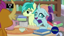 Size: 1920x1080 | Tagged: safe, derpibooru import, screencap, gallus, ocellus, sandbar, changedling, changeling, earth pony, pony, what lies beneath, book, bookshelf, duo focus, library, male, opening credits, teapot, teenager