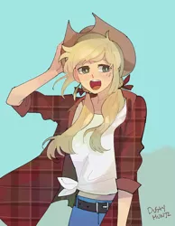 Size: 828x1066 | Tagged: alternate hairstyle, applejack, artist:dusty-munji, clothes, cowboy hat, cute, derpibooru import, female, hat, human, humanized, jackabetes, knot, open mouth, pigtails, plaid shirt, safe, shirt, smiling, solo, stetson