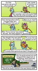 Size: 400x750 | Tagged: safe, artist:acidemerald, derpibooru import, doctor whooves, ocellus, smolder, time turner, changedling, changeling, dragon, earth pony, pony, what lies beneath, chalkboard, clothes, comic, cup, dress, fallout, implied embrax, princess smolder, tea party, teacup, vault suit